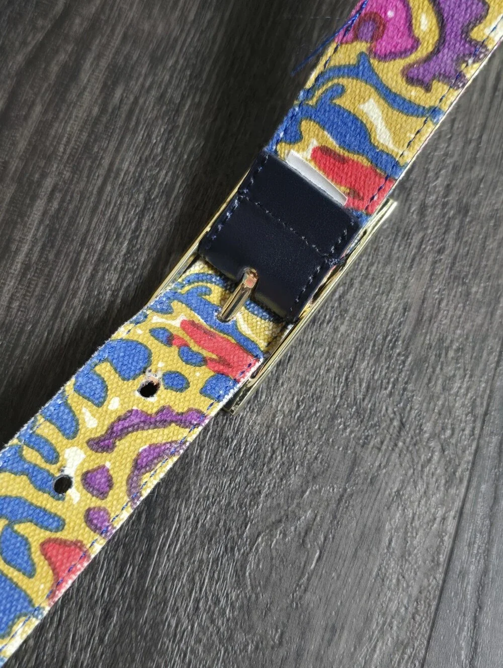 Reversible Belt Navy Leather Abstract Floral Print Gold Buckle Vintage 1